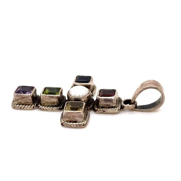 Estate Sterling Silver, Pearl, Garnet, Amethyst, Peridot & Citrine Cross Pendant - Picture 6 of 6